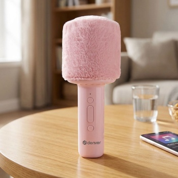 Bluetooth Karaoke Mikrofon mit Lautsprecher & flauschiger Oberseite Rosa – Tolles Bluetooth Party Mikrophon für Gesang, Feiern & Spass unterwegs
