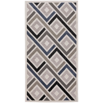 Preview: Robuster Outdoorteppich 80x150cm, Grau-Marineblau - Wetterfester Rauten Teppich für Balkon, Terrasse & Indoor, pflegeleicht