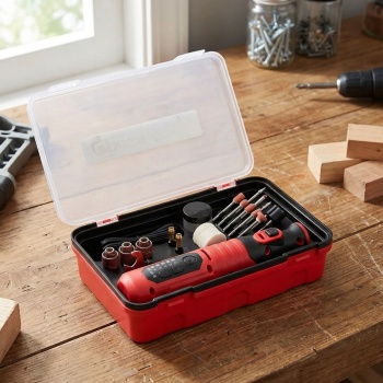 Akku Mini Schleifer 8V Set – Vielseitiges Multitool zum Schleifen, Schmirgeln & Polieren mit LED, Zubehör & Aufbewahrungsbox für Heimwerker