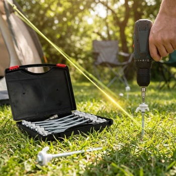 Preview: Praktisches Schraubhering Set 20 Stück mit Adapter für Zelt & Vorzelt – Stabile Schraubheringe 20,5 cm für Camping auf jedem Boden