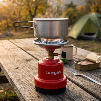 Preview: Kompakter Gaskocher für Camping & Outdoor, rot – Robutes Metallgehäuse, stufenlos regulierbare Flamme, für 190g Gaskartuschen, max. 0,8 kW Leistung