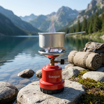Kompakter Gaskocher für Camping & Outdoor, rot – Robutes Metallgehäuse, stufenlos regulierbare Flamme, für 190g Gaskartuschen, max. 0,8 kW Leistung