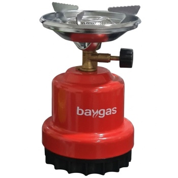 Preview: Kompakter Gaskocher für Camping & Outdoor, rot – Robutes Metallgehäuse, stufenlos regulierbare Flamme, für 190g Gaskartuschen, max. 0,8 kW Leistung