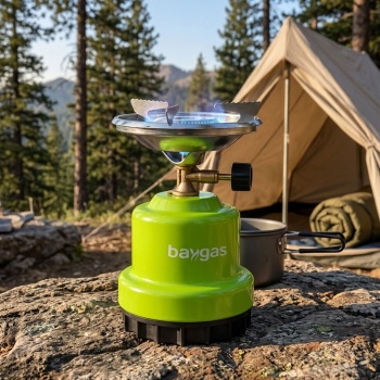 Preview: Kompakter Gaskocher für Camping & Outdoor, grün – Robutes Metallgehäuse, stufenlos regulierbare Flamme, für 190g Gaskartuschen, max. 0,8 kW Leistung