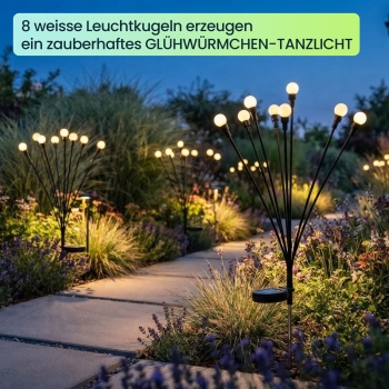 Preview: 4er-Set Solar Glühwürmchenlicht für Garten: 8 bewegliche Leuchtkugeln mit 2 Modi, Erdspiess für stimmungsvolle Gartenbeleuchtung, 65 cm Höhe, wetterfest