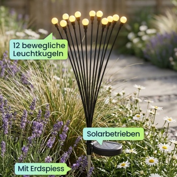 Preview: 4er-Set Solar Glühwürmchenlicht für Garten: 12 bewegliche Leuchtkugeln mit 2 Modi, Erdspiess für stimmungsvolle Gartenbeleuchtung, 65 cm Höhe, wetterfest