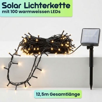 Preview: 2er-Set Solar Lichterkette mit je 100 warmweissen LEDs für den Aussenbereich: je 12,5m Gesamtlänge, automatischer Dämmerungssensor, ideal für Garten, Balkon & Terrasse