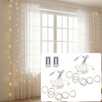 2er-Set Eleganter LED-Lichtervorhang 3x3m, je 300 warmweisse LEDs: Fernbedienung, 8 Modi, Dimmbar, Timer & USB, für Party, Hochzeit & Wohndeko