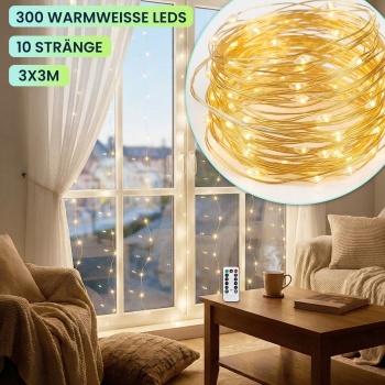 Preview: 2er-Set Eleganter LED-Lichtervorhang 3x3m, je 300 warmweisse LEDs: Fernbedienung, 8 Modi, Dimmbar, Timer & USB, für Party, Hochzeit & Wohndeko