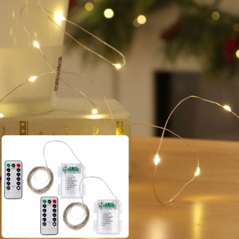 2er-Set LED-Micro-Lichterkette je 10m mit 100 warmweissen LEDs: Batteriebetrieben, inkl. Fernbedienung, 8 Leuchtmodi & Timer für gemütliche Dekoration