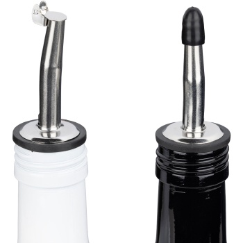 Preview: Menage Set 2tlg. Öl und Essig – Edle Glasflaschen mit je ca. 500ml, Ausgießer mit Verschluss, Modernes Schwarz-Weiss Design für Küche & Tisch
