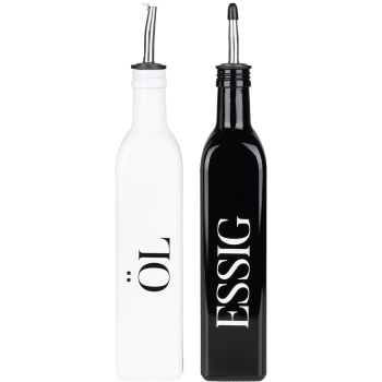 Preview: Menage Set 2tlg. Öl und Essig – Edle Glasflaschen mit je ca. 500ml, Ausgießer mit Verschluss, Modernes Schwarz-Weiss Design für Küche & Tisch