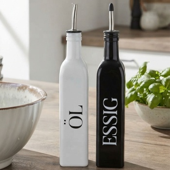 Menage Set 2tlg. Öl und Essig – Edle Glasflaschen mit je ca. 500ml, Ausgießer mit Verschluss, Modernes Schwarz-Weiss Design für Küche & Tisch