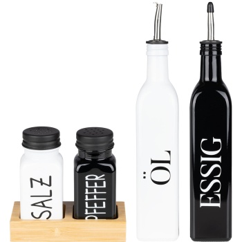 Preview: Gewürz- und Menage Set 4tlg. – Öl, Essig Karaffe & Salz und Pfeffer Streuer mit Bambusständer, Modernes Schwarz-Weiss Design für Küche & Esstisch