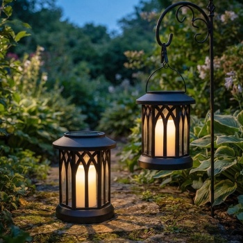 Preview: 2er-Set LED Solar Laterne im Retro Gehäuse für Garten und Balkon, mit weisser LED Kerze und Flammeneffekt, 12 warmweisse SMD LEDs, zum Hinstellen und Hängen