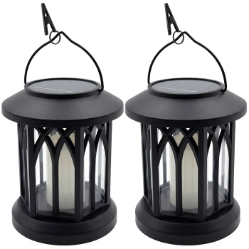 Preview: 2er-Set LED Solar Laterne im Retro Gehäuse für Garten und Balkon, mit weisser LED Kerze und Flammeneffekt, 12 warmweisse SMD LEDs, zum Hinstellen und Hängen