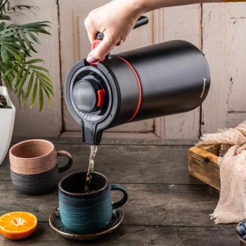 Preview: Konferenzthermoskanne 2,5L Edelstahl Schwarz-Rot - BPA-freie Isolierkanne mit Einhand-Automatik & grosser Öffnung für heisse & kalte Getränke