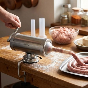 Preview: Manueller Wurstbereiter 2,5kg Edelstahl mit 3 Füllröhren Ø15, 19, 22 mm - Wurstfüllmaschine mit Handkurbel, Saugnapf & Klemmhalterung