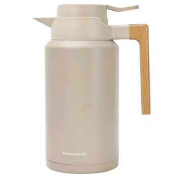 Preview: Konferenzthermoskanne 2L Edelstahl Beige-Holz - BPA-freie Isolierkanne mit One-Press-Einhand-Automatik & Echtholzgriff für warme & kalte Getränke