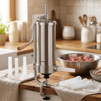 Preview: Manueller Wurstbereiter 3kg Edelstahl mit 4 Füllröhren Ø15, 19, 22, 25 mm - Wurstfüllmaschine mit Handkurbel, Saugnapf & Klemmhalterung