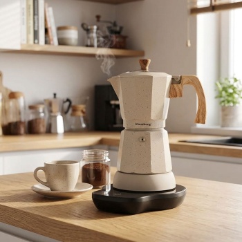 Preview: Elektrische Espresso-Kaffeemaschine & Espressokocher im Mokka Stil beige: 500 W, 300 ml für 6 Tassen, edler Kaffeebereiter für Zuhause