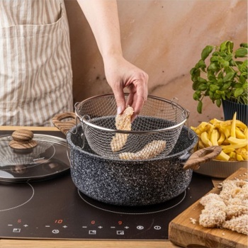Preview: Vielseitiger Bratentopf 24 cm 4L mit Korb & Glasdeckel für alle Herdarten, ideal als Fritteuse & Kochtopf, Frittiertopf, Antihaft in schwarzem Marmor