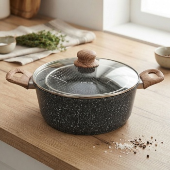 Vielseitiger Bratentopf 24 cm 4L mit Korb & Glasdeckel für alle Herdarten, ideal als Fritteuse & Kochtopf, Frittiertopf, Antihaft in schwarzem Marmor