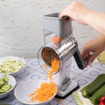 Preview: 3-in-1 Trommelreibe mit 3 austauschbaren Edelstahltrommeln: für Obst, Gemüse, Käse, Schokolade & Nüssen – Praktischer Schneider für Rohkost
