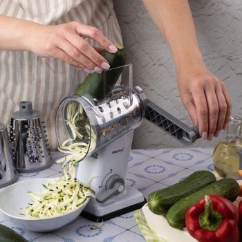 Preview: 3-in-1 Trommelreibe mit 3 austauschbaren Edelstahltrommeln: für Obst, Gemüse, Käse, Schokolade & Nüssen – Praktischer Schneider für Rohkost