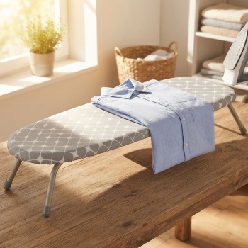 Kompaktes Mini Bügelbrett Grau, 81,5x30,5 cm: Bezug aus 100% Baumwolle, faltbar, stabil & ideal für kleine Wohnungen, Wohnheime & Reisen