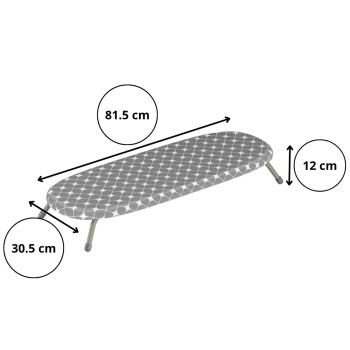 Preview: Kompaktes Mini Bügelbrett Grau, 81,5x30,5 cm: Bezug aus 100% Baumwolle, faltbar, stabil & ideal für kleine Wohnungen, Wohnheime & Reisen