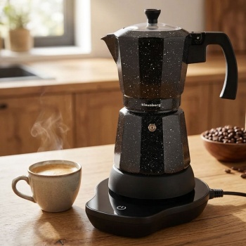 Preview: Elektrische Espresso-Kaffeemaschine & Espressokocher im Mokka Stil schwarz: 500 W, 300 ml für 6 Tassen, edler Kaffeebereiter für Zuhause