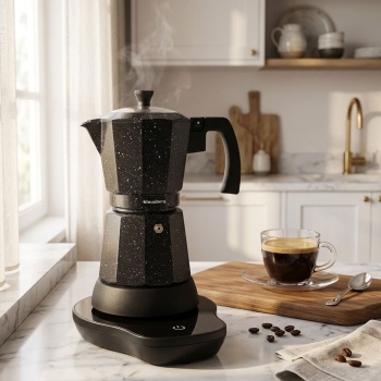 Preview: Elektrische Espresso-Kaffeemaschine & Espressokocher im Mokka Stil schwarz: 500 W, 300 ml für 6 Tassen, edler Kaffeebereiter für Zuhause