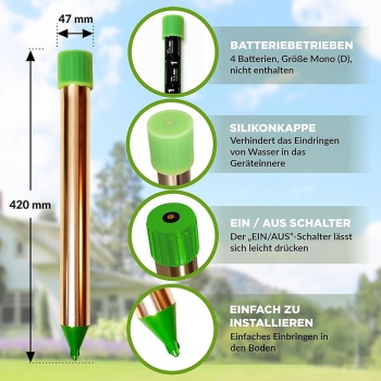 Preview: Wühltiervertreiber Effektiv & Tierfreundlich - Starker Vibrationsmotor & Quarzschwingungen gegen Maulwurf & Wühlmaus im Garten & Acker