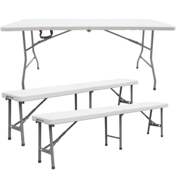 Stabile Camping Sitzgruppe mit Klapptisch 180cm und 2 passenden Koffer Sitzbänken, wetterfest, klappbar