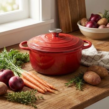Preview: Premium Gusseisen Topfset 2tlg. in Rot - Emaillierter Schmortopf Set mit Deckel (22cm & 28cm) - Ideal für Induktion, Backofen & alle Herdarten - Robust & Edel