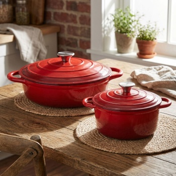 Preview: Premium Gusseisen Topfset 2tlg. in Rot - Emaillierter Schmortopf Set mit Deckel (22cm & 28cm) - Ideal für Induktion, Backofen & alle Herdarten - Robust & Edel