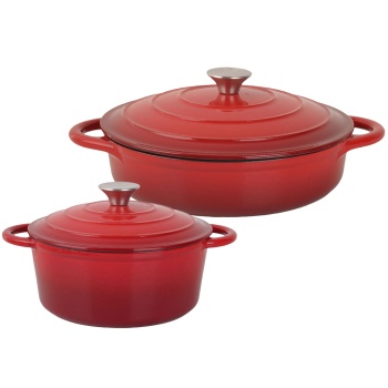 Preview: Premium Gusseisen Topfset 2tlg. in Rot - Emaillierter Schmortopf Set mit Deckel (22cm & 28cm) - Ideal für Induktion, Backofen & alle Herdarten - Robust & Edel