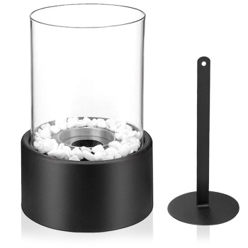 Preview: Elegantes Tischfeuer Bio Ethanol mit Glaszylinder, inkl. Flammenstempel & Zange – Schwarzes Tischkamin Stahl für Innen- & Aussenbereich