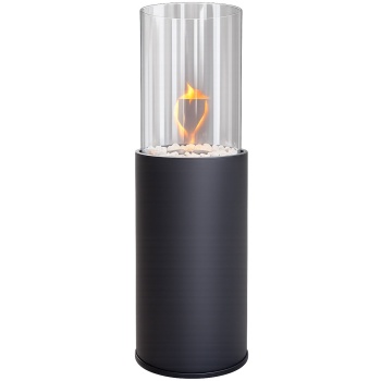 Preview: Eleganter Bodenkamin Bio Ethanol mit Glaszylinder, inkl. Flammenstempel – Schwarzer Standkamin Stahl für Innen- & Aussenbereich