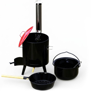 Preview: Gulaschkanone mit emailliertem Kesseltopf Ø 35 cm und Maronenpfanne Suppenküche für Kesselgulasch Glühwein Outdoor Party Garten Kocher