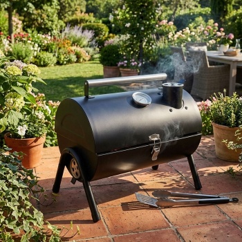 Kompakte Grilltonne Schwarz 28,5x41x18 cm - Kompakter Metall Holzkohlegrill mit Edelstahltragegriff, Thermometer, Rauchabzug