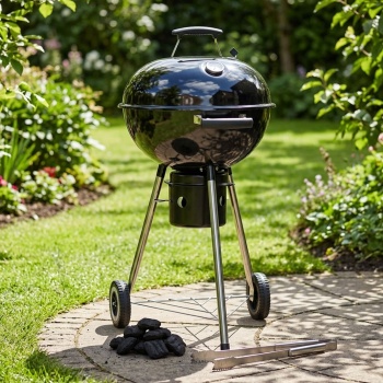Kugelgrill Ø47 cm – Mobiler Holzkohlegrill mit 2 Rädern & Thermometer, emaillierter Feuerschale, Aschebehälter & Zugluftregulierung