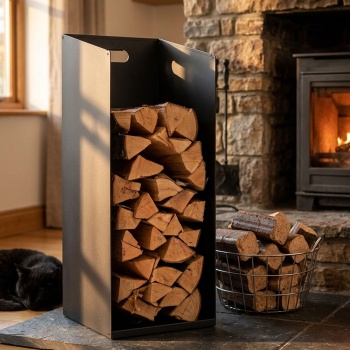 Preview: Elegantes Kaminholz- und Brikettregal 30x30x75 cm – Stabiles Kaminholzregal, pulverbeschichtetes Metall in Schwarz, Robuster Holzaufbewahrung-Ständer