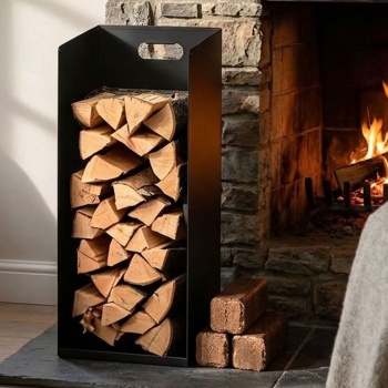 Elegantes Kaminholz- und Brikettregal 30x30x75 cm – Stabiles Kaminholzregal, pulverbeschichtetes Metall in Schwarz, Robuster Holzaufbewahrung-Ständer