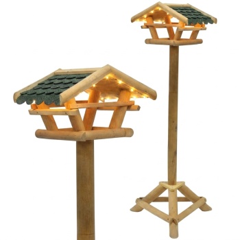Preview: Vogelfutterhaus mit LED Beleuchtung & Timer, H120 cm – Futterstelle aus Holz  für Wildvögel im Garten, auf Balkon & Terrasse