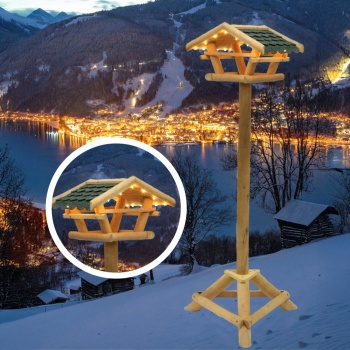 Preview: Vogelfutterhaus mit LED Beleuchtung & Timer, H120 cm – Futterstelle aus Holz  für Wildvögel im Garten, auf Balkon & Terrasse