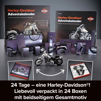 Preview: Harley-Davidson Adventskalender 2024 – FXST Softail Modellbausatz 1:18 mit V2 Soundmodul, Begleitbuch & Zubehör – Geschenk für Motorrad Fans
