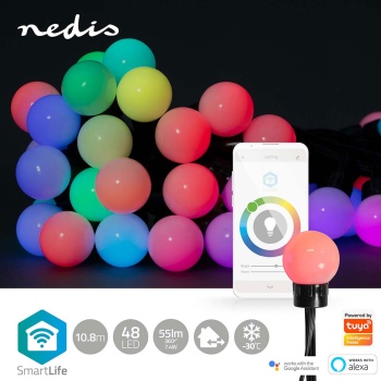 Preview: WLAN Partylichterkette RGB 10,8 m mit 48 LED Kugeln Ø 30 mm – App- und Sprachsteuerung, Musikmodus, Timer, für den Aussenbereich IP65