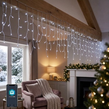 Preview: Eisregen Lichterkette WLAN 8 m mit 400 LEDs warmweiss bis kaltweiss – App- und Sprachsteuerung, dimmbar, 80 Stränge, IP65, transparentes Kabel